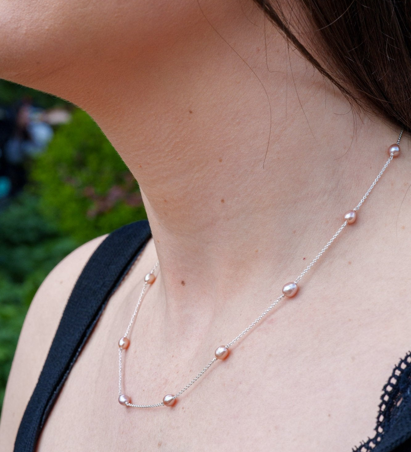 pink multi pearl silver chain necklace