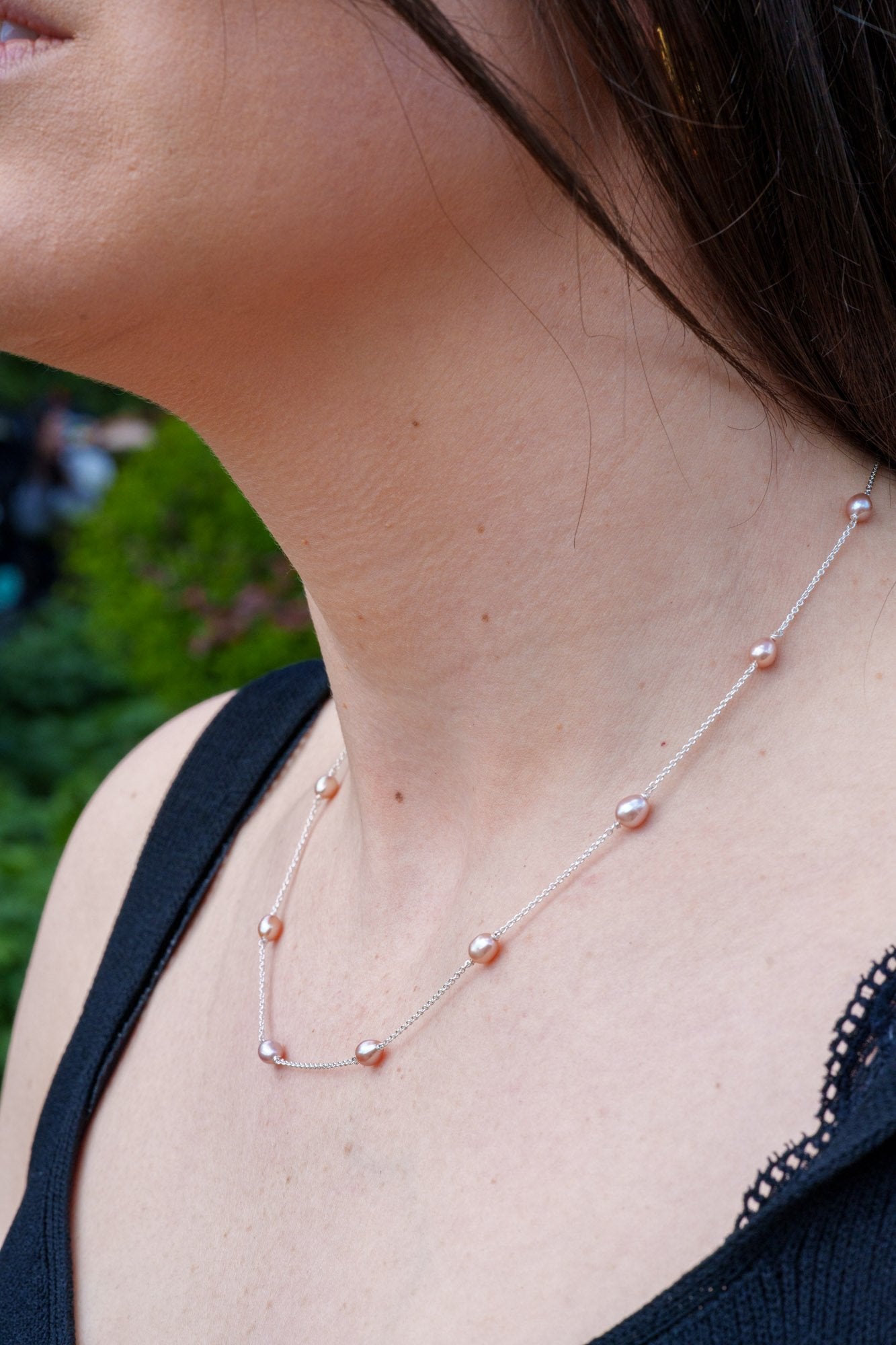 pink multi pearl silver chain necklace