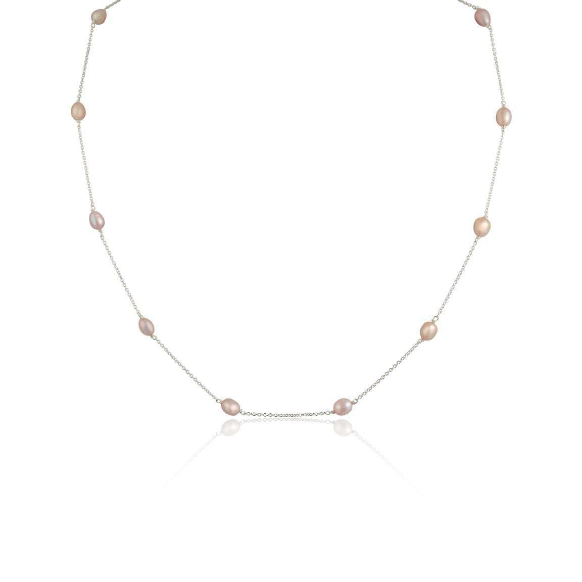 pink multi pearl silver chain necklace