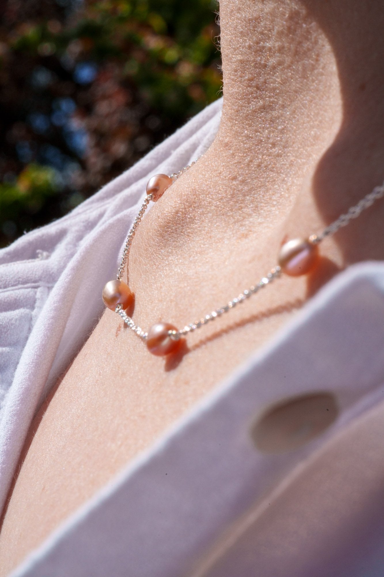 pink multi pearl silver chain necklace